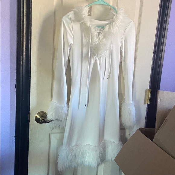 white faux fur trimmed mini dress - Picture 1 of 2